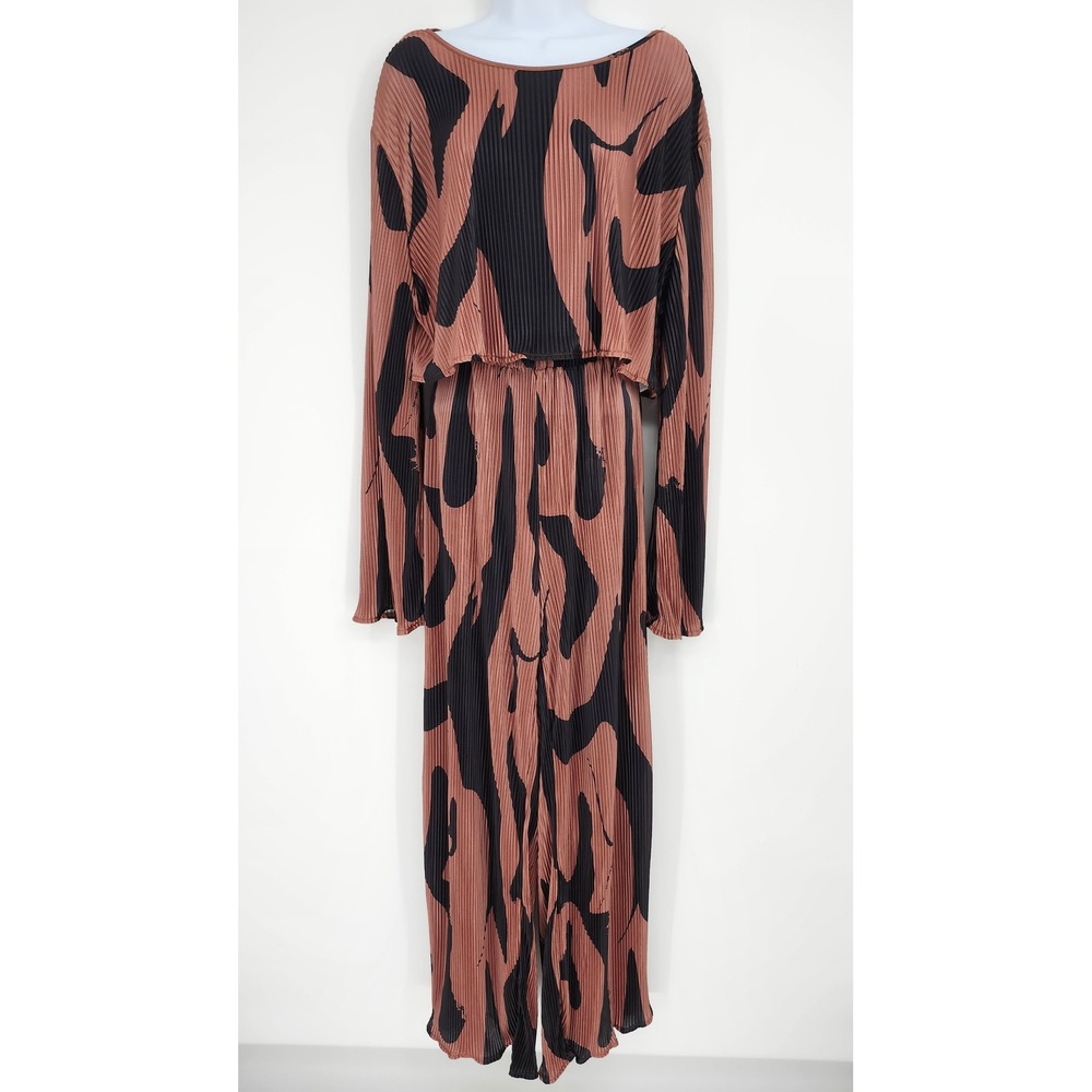 Brown Black Plisse Womens Two Piece Set Size XL Modern Crop Streetwear Wide Leg
